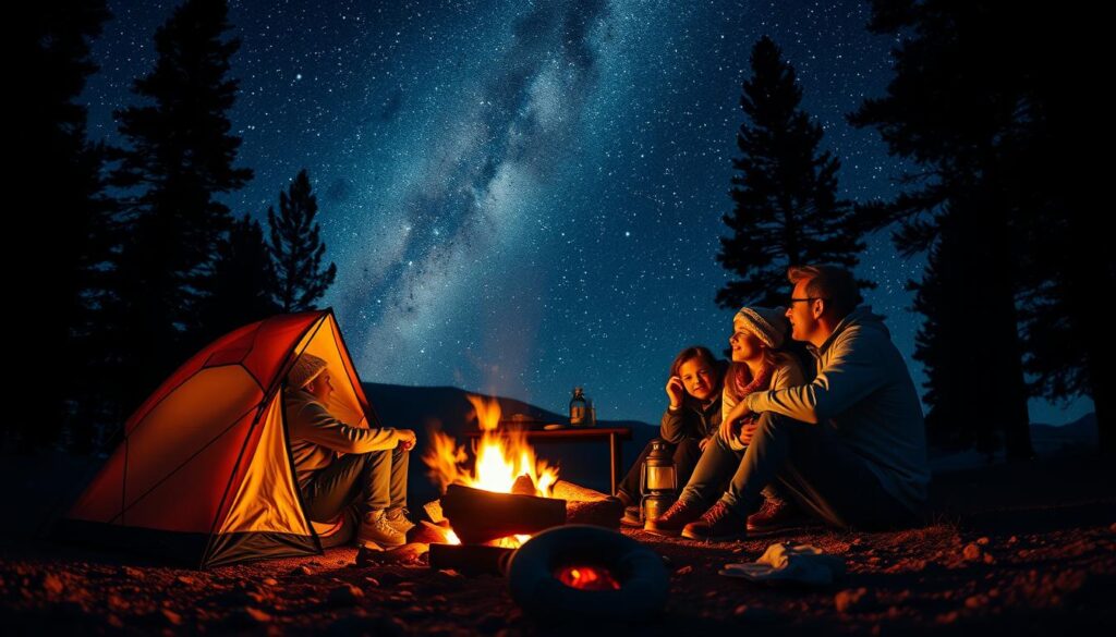 family camping under the stars