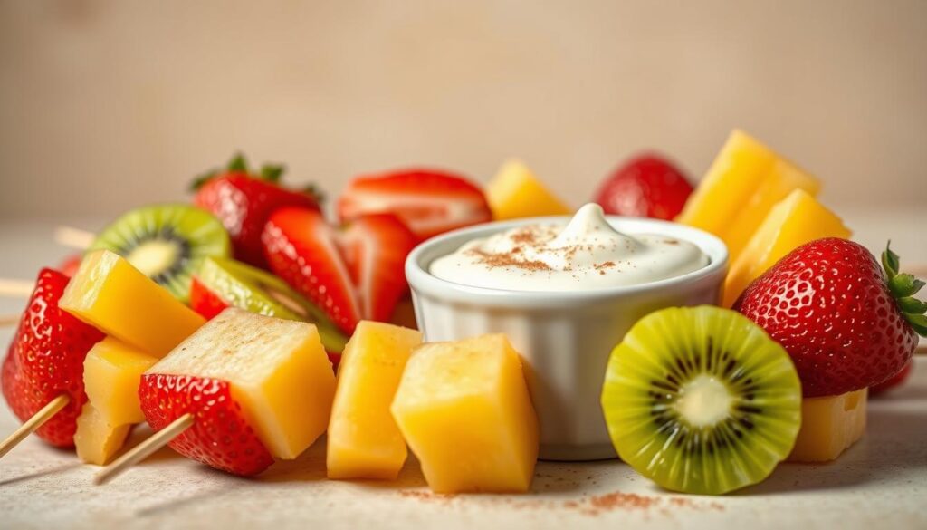 fruit skewers with yogurt dip